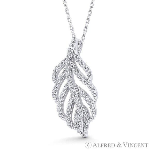 Plant Leaf Charm Nano Crystal or CZ Pendant in .925 Sterling Silver w/ Rhodium - Picture 1 of 1